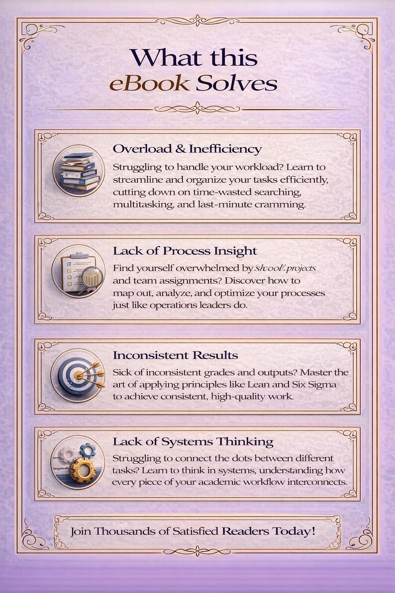 May include: An ebook cover with a purple background and decorative borders. The title "What this eBook Solves" is at the top. The content addresses issues like overload, lack of process insight, inconsistent results, and lack of systems thinking.