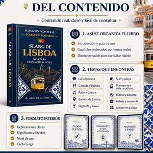 May include: A book titled "Slang de Lisboa" with a blue cover, featuring a yellow tram illustration. The cover also includes text in Spanish. The image highlights the book's content, organization, and topics, such as food, culture, and nightlife.