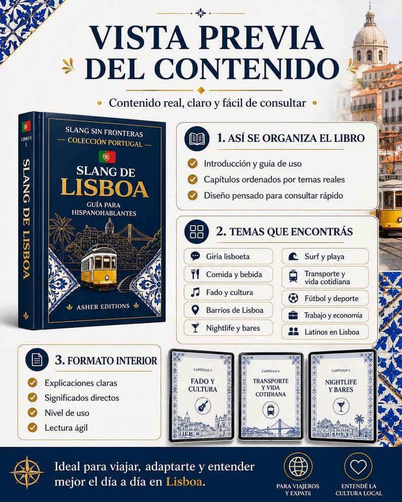 May include: A book titled "Slang de Lisboa" with a blue cover, featuring a yellow tram illustration. The cover also includes text in Spanish. The image highlights the book's content, organization, and topics, such as food, culture, and nightlife.