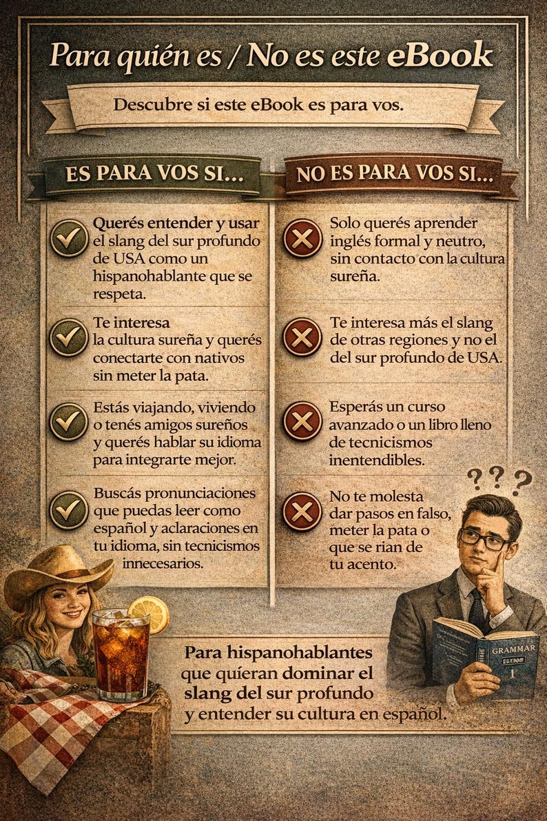 Puede incluir: Infograf&iacute;a en espa&ntilde;ol, titulada "Para qui&eacute;n es / No es este eBook", con listas de criterios a favor y en contra del eBook. Incluye ilustraciones de una mujer con sombrero de vaquero y un hombre con gafas, y un vaso de t&eacute; helado.