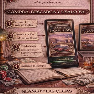Puede incluir: Anuncio de un eBook titulado "Slang de Las Vegas" con un dise&ntilde;o vintage. La imagen presenta una tableta y un port&aacute;til que muestran el libro, junto con dados, fichas de p&oacute;quer y dinero en efectivo, lo que sugiere un tema de juego.