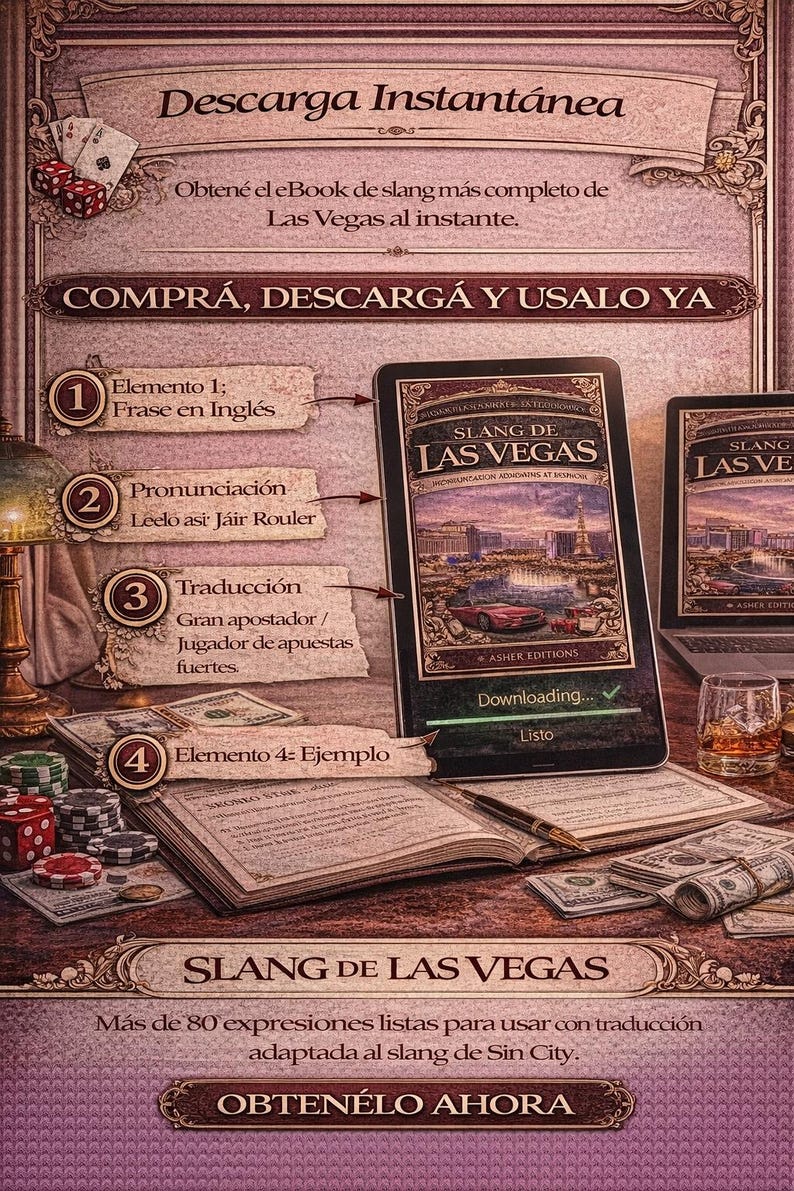 Puede incluir: Anuncio de un eBook titulado "Slang de Las Vegas" con un dise&ntilde;o vintage. La imagen presenta una tableta y un port&aacute;til que muestran el libro, junto con dados, fichas de p&oacute;quer y dinero en efectivo, lo que sugiere un tema de juego.