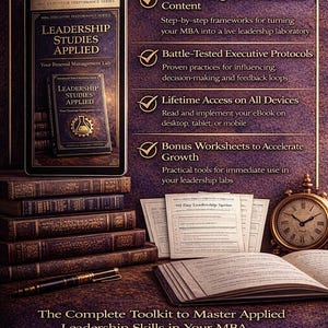Puede incluir: Imagen promocional de un ebook titulado "Leadership Studies Applied". La imagen muestra una tableta con la portada, libros y documentos. Destaca las caracter&iacute;sticas del ebook.