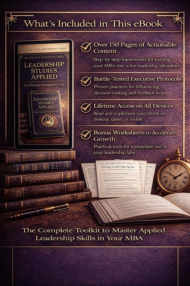 Puede incluir: Imagen promocional de un ebook titulado "Leadership Studies Applied". La imagen muestra una tableta con la portada, libros y documentos. Destaca las caracter&iacute;sticas del ebook.
