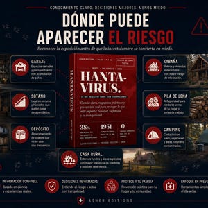 Puede incluir: Infograf&iacute;a en espa&ntilde;ol con el t&iacute;tulo "D&oacute;nde puede aparecer el riesgo". Muestra &aacute;reas de riesgo potenciales como garajes, caba&ntilde;as y casas rurales. Tambi&eacute;n se presenta un libro titulado "Hantavirus".