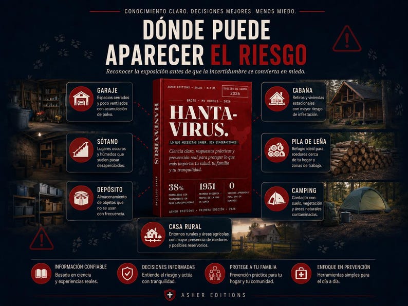 Puede incluir: Infograf&iacute;a en espa&ntilde;ol con el t&iacute;tulo "D&oacute;nde puede aparecer el riesgo". Muestra &aacute;reas de riesgo potenciales como garajes, caba&ntilde;as y casas rurales. Tambi&eacute;n se presenta un libro titulado "Hantavirus".