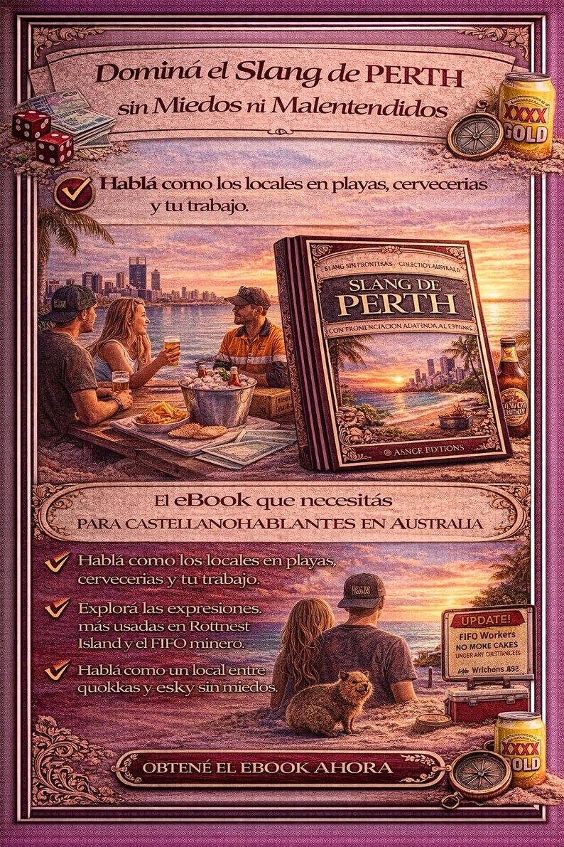 May include: An advertisement for an ebook titled "Slang de Perth" in Spanish, with a beach scene and people enjoying drinks. The image includes text, a compass, dice, and a can of beer.