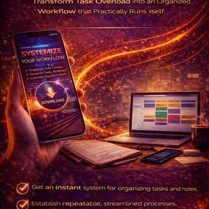 Pode incluir: An&uacute;ncio de um sistema de download instant&acirc;neo. A imagem mostra um smartphone exibindo "SYSTEMIZE YOUR WORKFLOW" e um laptop com uma interface colorida de gerenciamento de tarefas. O texto destaca a organiza&ccedil;&atilde;o de tarefas, a otimiza&ccedil;&atilde;o de rotinas e a automa&ccedil;&atilde;o do trabalho.