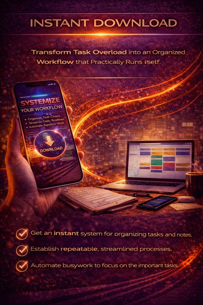 Pode incluir: An&uacute;ncio de um sistema de download instant&acirc;neo. A imagem mostra um smartphone exibindo "SYSTEMIZE YOUR WORKFLOW" e um laptop com uma interface colorida de gerenciamento de tarefas. O texto destaca a organiza&ccedil;&atilde;o de tarefas, a otimiza&ccedil;&atilde;o de rotinas e a automa&ccedil;&atilde;o do trabalho.