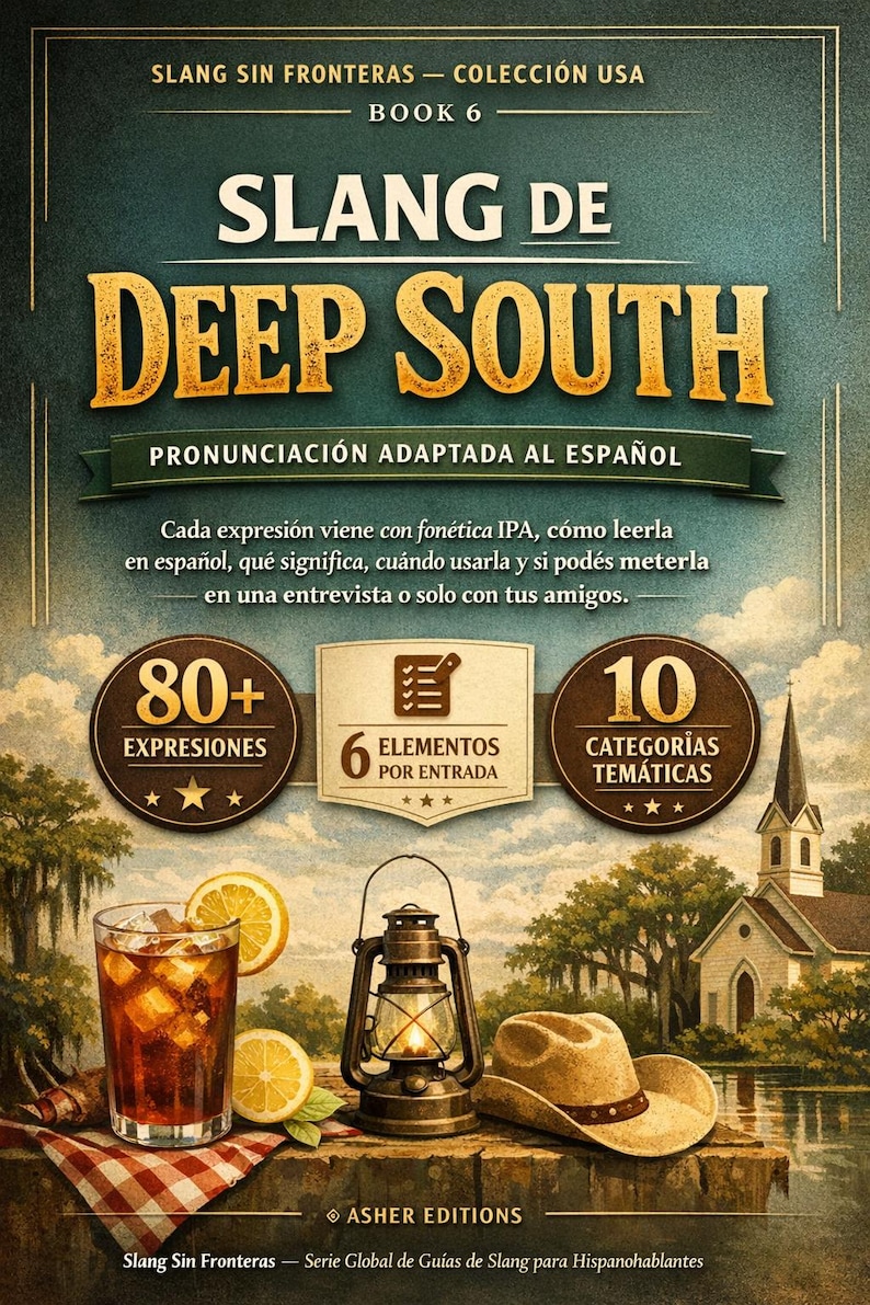 Puede incluir: Portada del libro "Slang de Deep South" de la serie "Slang Sin Fronteras". La portada presenta un dise&ntilde;o vintage con el t&iacute;tulo en letras doradas. Incluye una bebida, una linterna y un sombrero de vaquero.