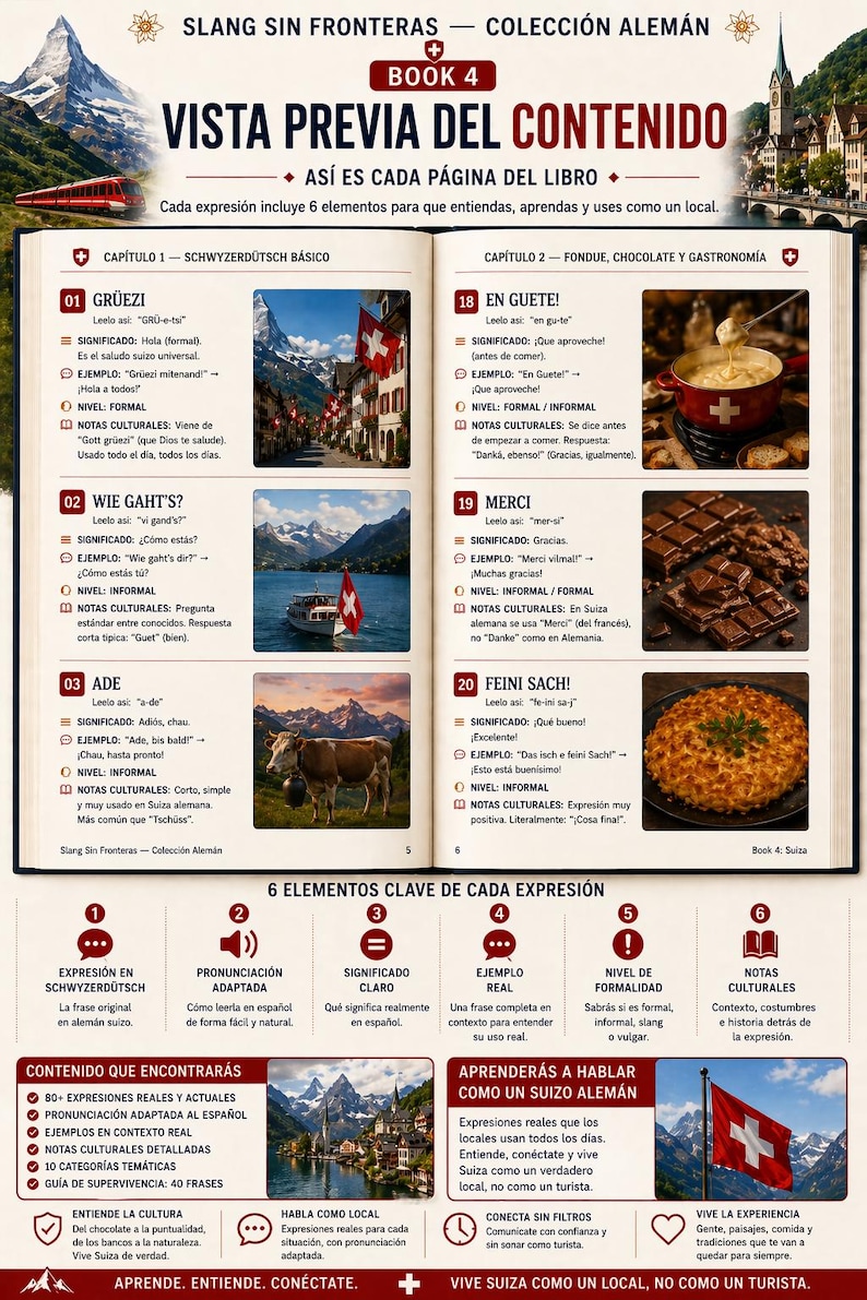 May include: An open book with the title "Slang Sin Fronteras - Colecci&oacute;n Alem&aacute;n" and "Book 4" on the cover. The pages display German phrases with translations, examples, and cultural notes, promoting Swiss German language learning.