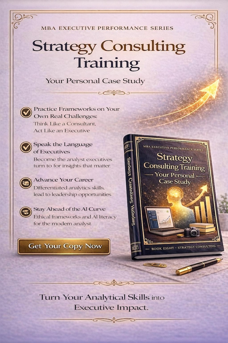May include: An advertisement for "Strategy Consulting Training" featuring a book with the same title. The image includes text about the course, a laptop, a camera, and a pen. The background is a gradient of light brown and gold.