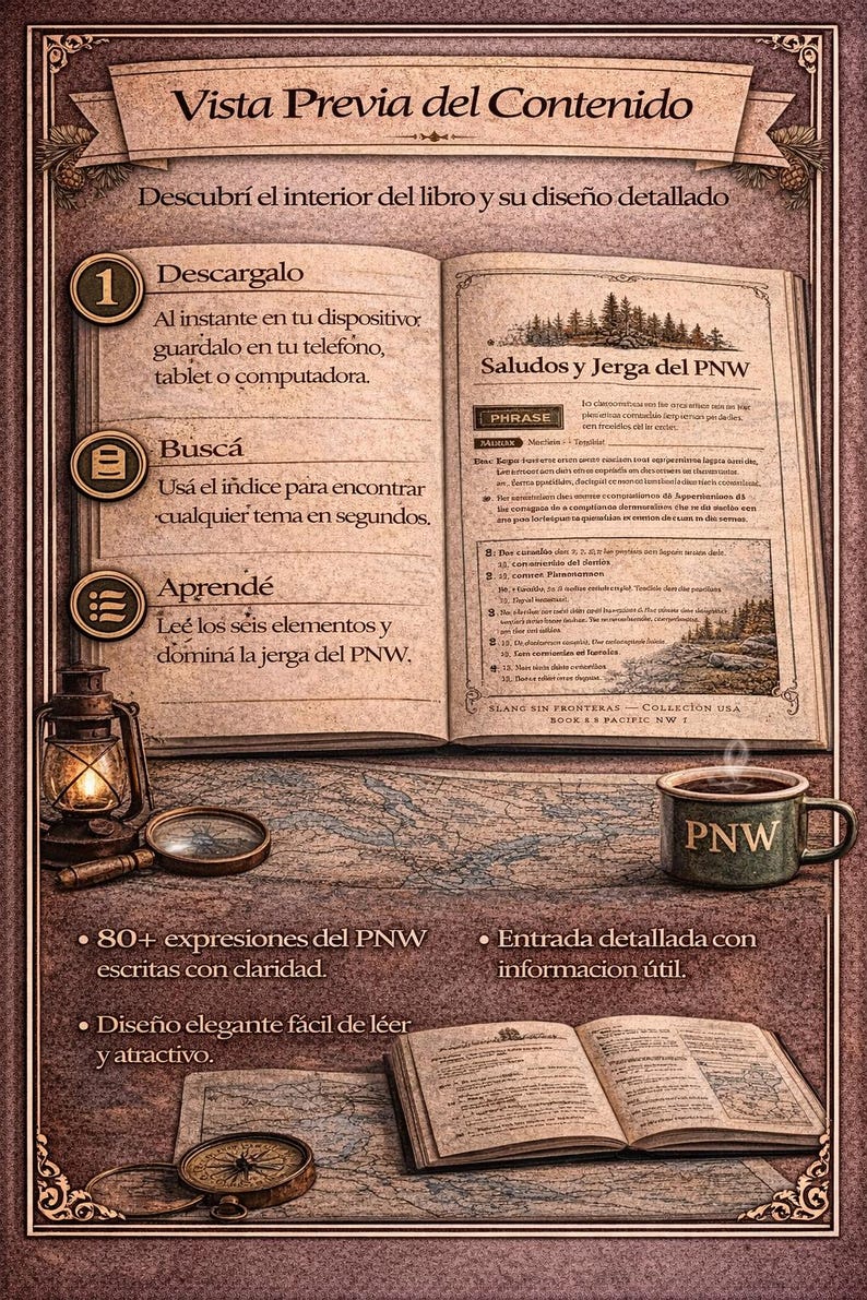 May include: An open book with text in Spanish, a coffee mug with "PNW" on it, a lantern, and a compass. The book's title is "Vista Previa del Contenido". The image has a vintage, travel theme.