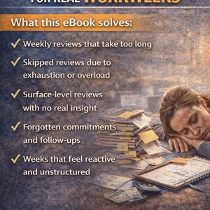 May include: Image of an ebook cover titled "WEEKLY REVIEW FOR REAL WORKWEEKS." The cover lists problems the ebook solves, including long reviews and forgotten commitments. A woman rests her head on a pile of papers and a notebook.