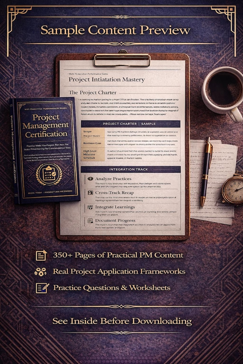 May include: An overhead shot of a desk setup featuring a project management certification book, a clipboard with project details, a cup of coffee, and a vintage pocket watch. The scene is styled with a professional aesthetic.