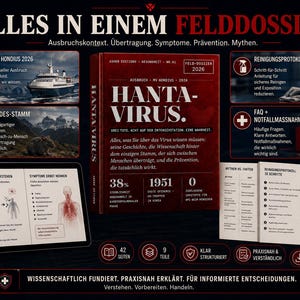 May include: A dark background with a red book titled "HANTA-VIRUS" and supporting graphics. The book cover has the title in large white letters. Other elements include a ship, a rodent, and diagrams illustrating symptoms and prevention.
