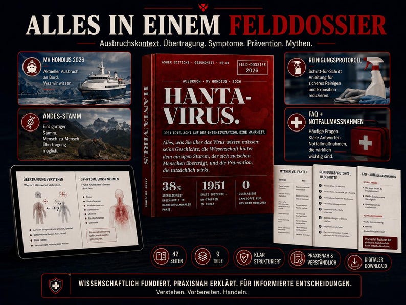 May include: A dark background with a red book titled "HANTA-VIRUS" and supporting graphics. The book cover has the title in large white letters. Other elements include a ship, a rodent, and diagrams illustrating symptoms and prevention.