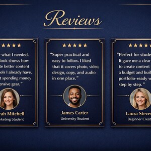 May include: A dark blue graphic with the word "Reviews" in gold script. Three framed testimonials with headshots and text are displayed. Each review includes a 5-star rating and a quote about content creation.
