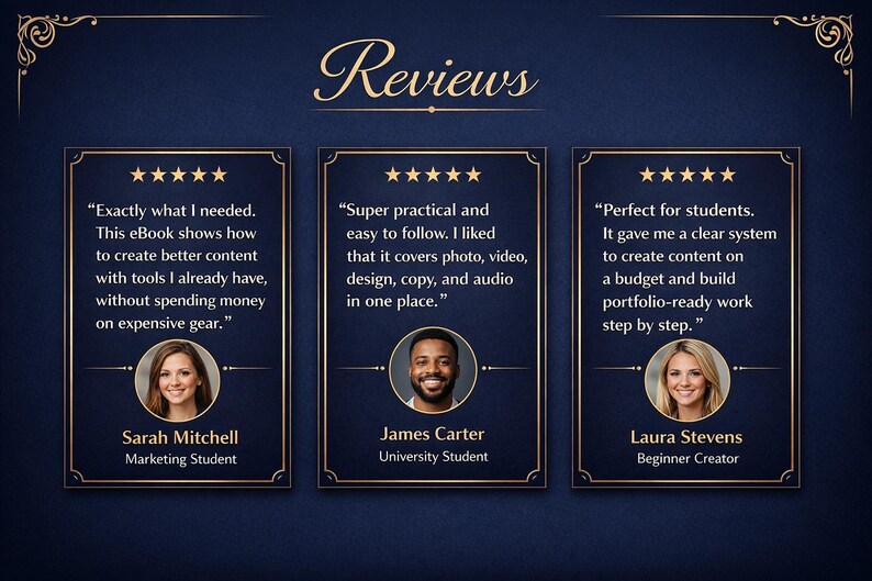 May include: A dark blue graphic with the word "Reviews" in gold script. Three framed testimonials with headshots and text are displayed. Each review includes a 5-star rating and a quote about content creation.