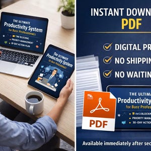 Puede incluir: Un port&aacute;til y una tableta que muestran "The Ultimate Productivity System for Busy Professionals" con bloqueo de tiempo, gesti&oacute;n de prioridades y un plan de acci&oacute;n de 30 d&iacute;as. La imagen tambi&eacute;n muestra una descarga PDF con el texto "Producto digital, Sin env&iacute;o, Sin espera."