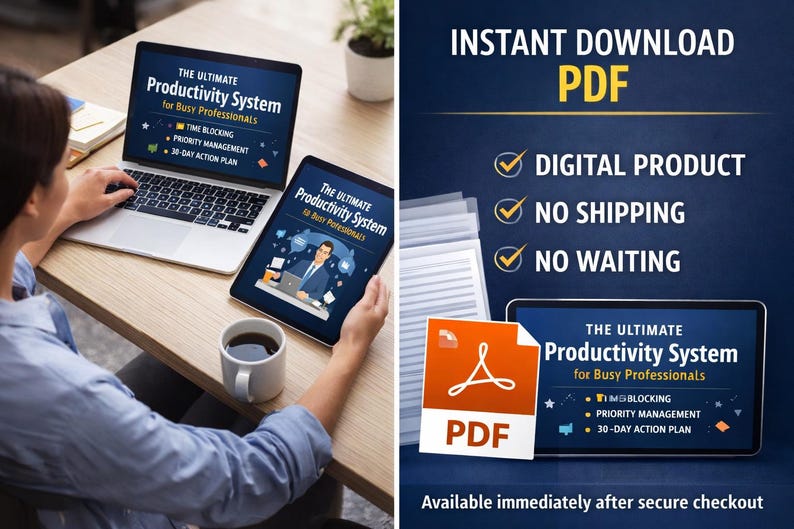 Puede incluir: Un port&aacute;til y una tableta que muestran "The Ultimate Productivity System for Busy Professionals" con bloqueo de tiempo, gesti&oacute;n de prioridades y un plan de acci&oacute;n de 30 d&iacute;as. La imagen tambi&eacute;n muestra una descarga PDF con el texto "Producto digital, Sin env&iacute;o, Sin espera."