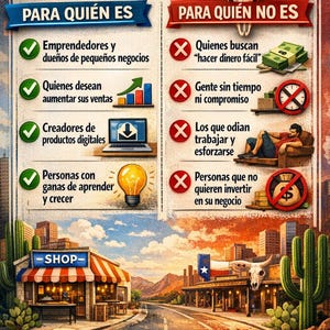May include: A colorful infographic with text in Spanish, contrasting 'For Whom' and 'For Whom Not'. It features illustrations of business owners, sales growth, digital products, and learning, alongside a shop illustration and a road.