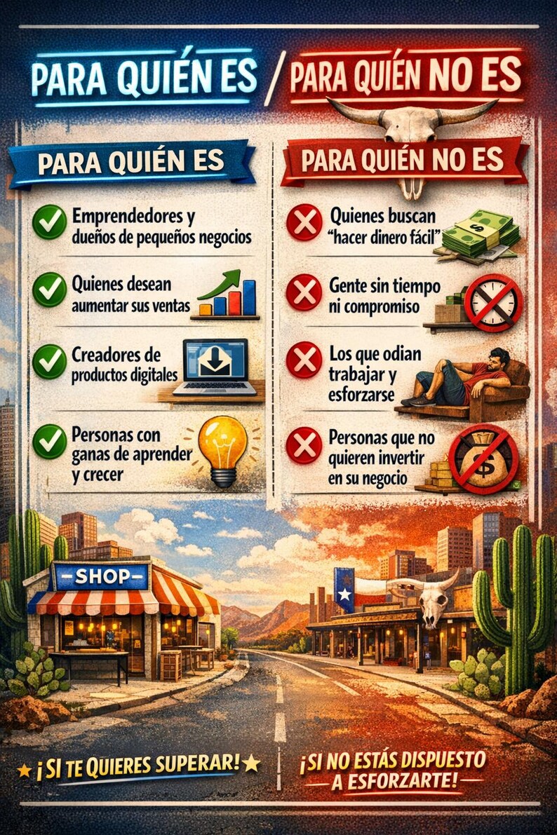 May include: A colorful infographic with text in Spanish, contrasting 'For Whom' and 'For Whom Not'. It features illustrations of business owners, sales growth, digital products, and learning, alongside a shop illustration and a road.