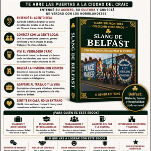 May include: A book cover for "Slang de Belfast" in Spanish, part of the "Slang Sin Fronteras" collection. The cover features a colorful mural and the text "Belfast: History, humor and hospitality, all in one!"