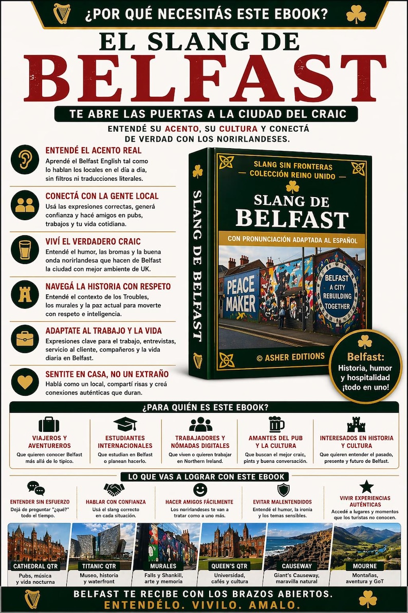 May include: A book cover for "Slang de Belfast" in Spanish, part of the "Slang Sin Fronteras" collection. The cover features a colorful mural and the text "Belfast: History, humor and hospitality, all in one!"
