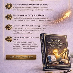 May include: An ebook cover with the title "Strategy Consulting Training - Your Personal Case Study." The cover features a silhouette, a laptop, a camera, and a pen. The text includes challenges and solutions for strategy consultants.
