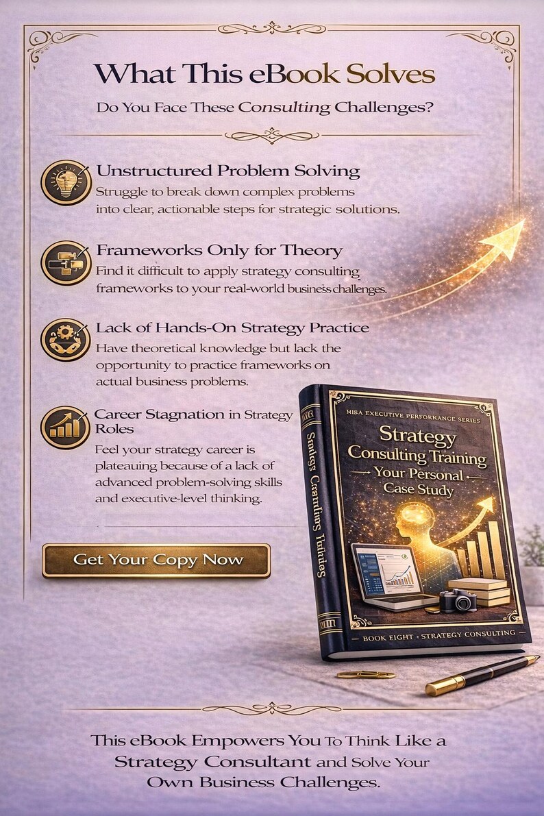 May include: An ebook cover with the title "Strategy Consulting Training - Your Personal Case Study." The cover features a silhouette, a laptop, a camera, and a pen. The text includes challenges and solutions for strategy consultants.
