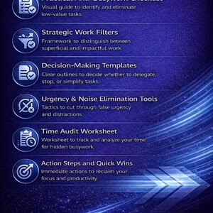 Peut inclure: Graphique bleu avec le texte "WHAT YOU'LL RECEIVE". Six puces avec des titres comme "Practical Anti-Busywork Checklist" et "Strategic Work Filters", chacune avec une br&egrave;ve description. Une fl&egrave;che blanche pointe vers la droite.