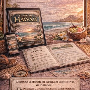 May include: An advertisement for a Hawaiian slang eBook. The image features a tablet, smartphone, and open book with the text "Slang de Hawaii." A coconut with a drink, compass, and seashells are also present.