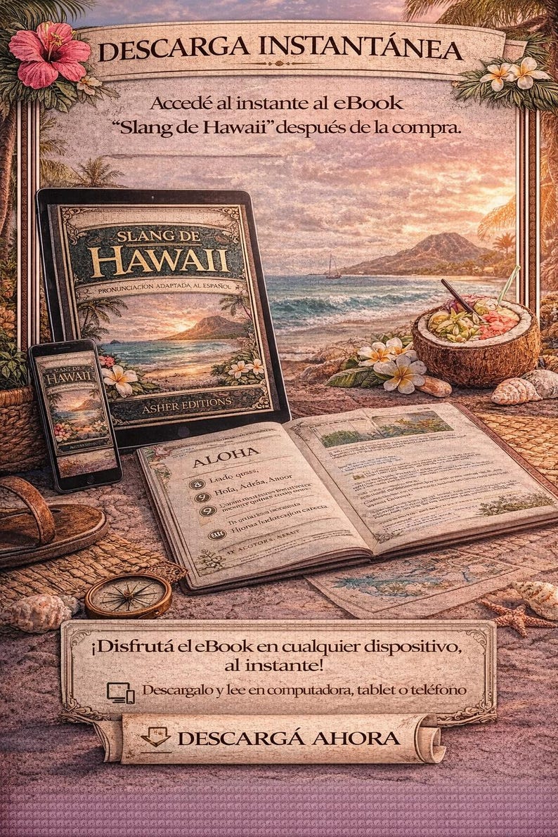May include: An advertisement for a Hawaiian slang eBook. The image features a tablet, smartphone, and open book with the text "Slang de Hawaii." A coconut with a drink, compass, and seashells are also present.