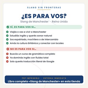 Peut inclure: Un graphique informatif blanc avec du texte bleu fonc&eacute; intitul&eacute; SLANG SIN FRONTERAS et ES PARA VOS. Il liste des crit&egrave;res pour un guide d'argot de Manchester avec des coches vertes pour les indicateurs positifs et des croix rouges pour les n&eacute;gatifs.