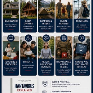Puede incluir: Gr&aacute;fico informativo con el t&iacute;tulo "IDEAL PARA..." e informaci&oacute;n sobre el Hantavirus. Incluye im&aacute;genes de casas, caba&ntilde;as, campistas, familias y viajeros. Tambi&eacute;n se presenta un libro titulado "Hantavirus Explicado".