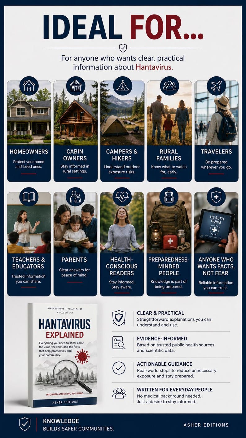 Puede incluir: Gr&aacute;fico informativo con el t&iacute;tulo "IDEAL PARA..." e informaci&oacute;n sobre el Hantavirus. Incluye im&aacute;genes de casas, caba&ntilde;as, campistas, familias y viajeros. Tambi&eacute;n se presenta un libro titulado "Hantavirus Explicado".