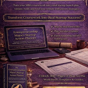 May include: An advertisement for an entrepreneurship action planner. The image features a laptop displaying the book cover, a physical book, worksheets, and the text "Launch Your Startup While You Study."