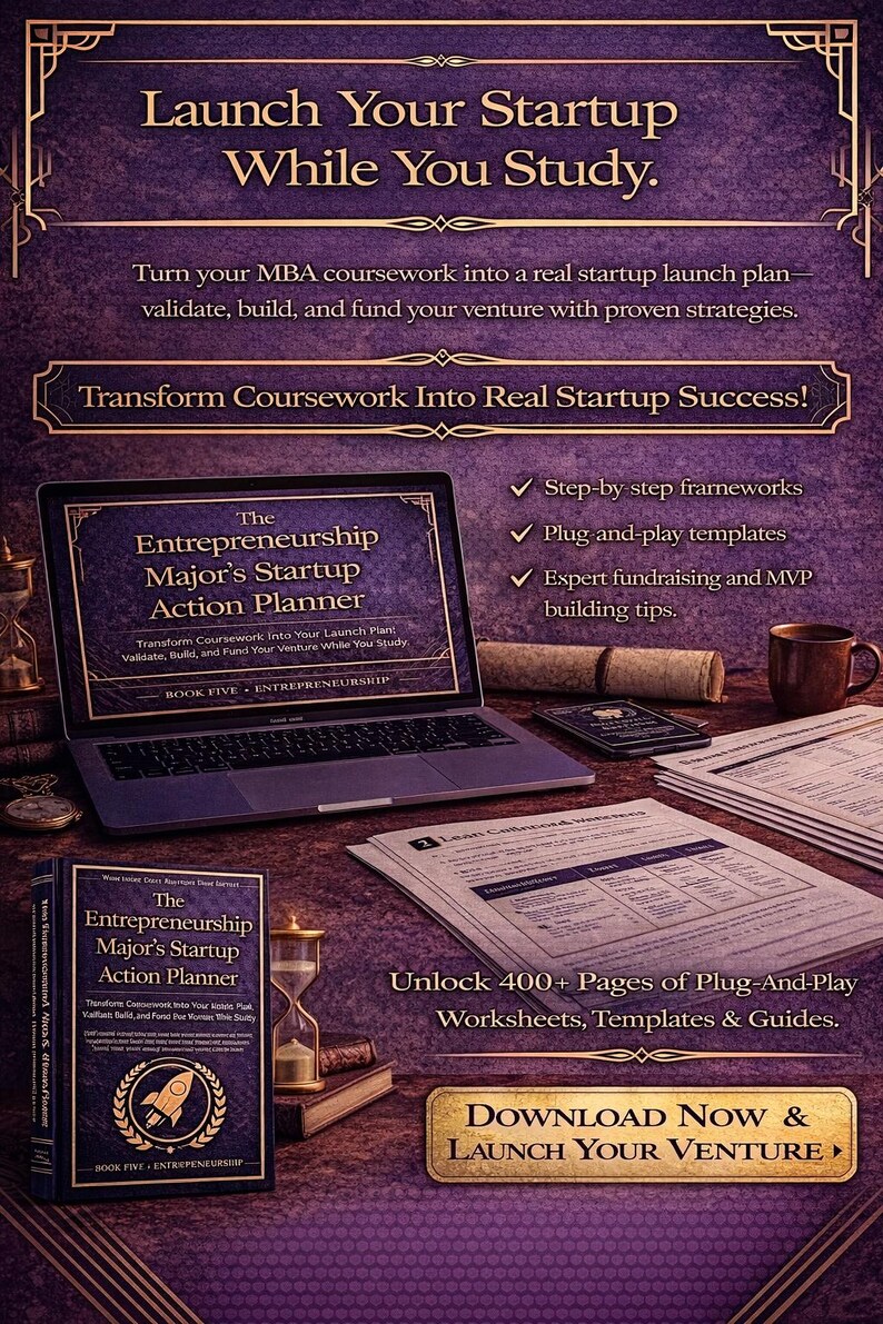 May include: An advertisement for an entrepreneurship action planner. The image features a laptop displaying the book cover, a physical book, worksheets, and the text "Launch Your Startup While You Study."