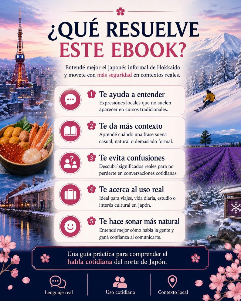 May include: An ebook cover in Spanish with the title "&iquest;QU&Eacute; RESUELVE ESTE EBOOK?" and a description of the ebook's benefits. The image includes illustrations of Japanese food, a cityscape, a skier, and lavender fields. The ebook is about understanding everyday Japanese.