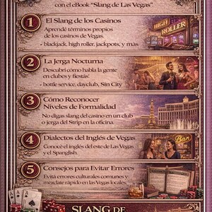 Puede incluir: Una gu&iacute;a ilustrada titulada "Slang de Las Vegas" con texto en espa&ntilde;ol. La imagen presenta gr&aacute;ficos tem&aacute;ticos de casino, naipes, dados y un paisaje urbano, con secciones sobre jerga de casino y evitar errores.