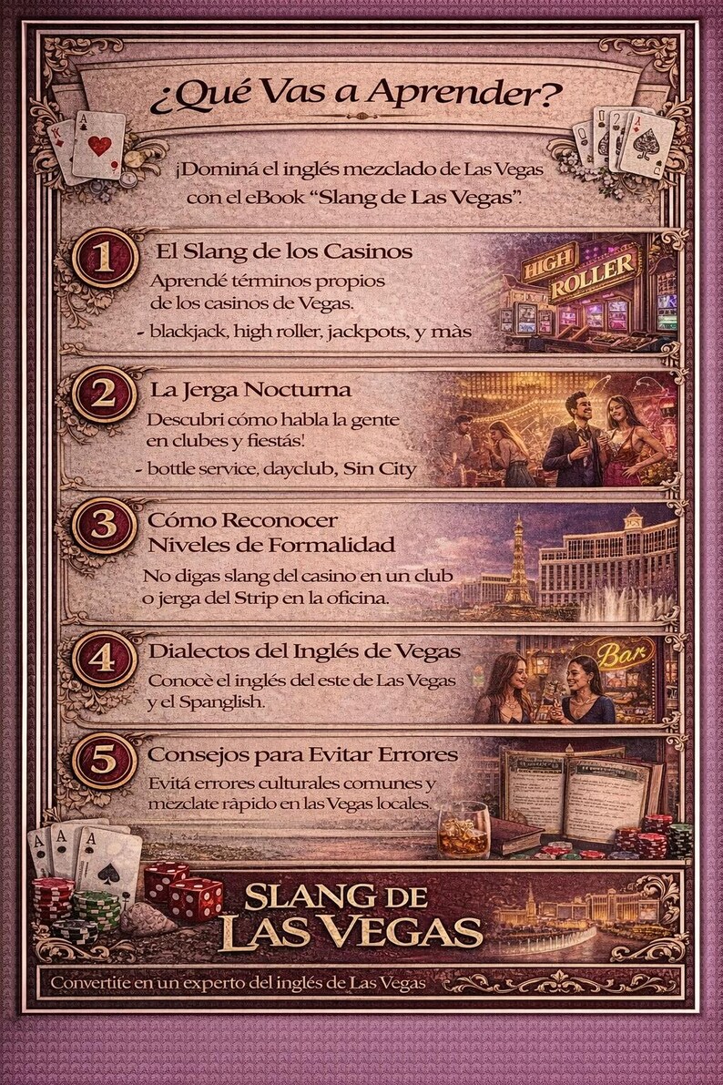 Puede incluir: Una gu&iacute;a ilustrada titulada "Slang de Las Vegas" con texto en espa&ntilde;ol. La imagen presenta gr&aacute;ficos tem&aacute;ticos de casino, naipes, dados y un paisaje urbano, con secciones sobre jerga de casino y evitar errores.