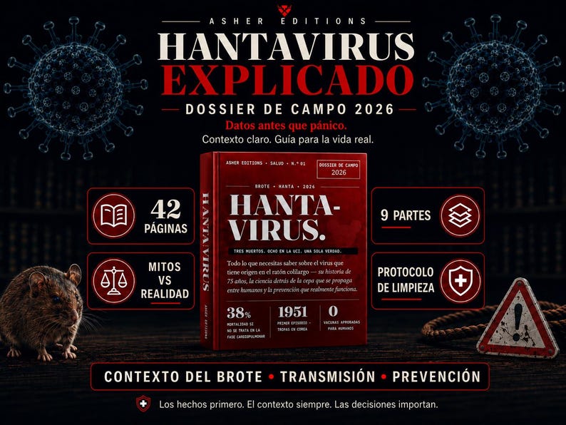 Puede incluir: Imagen promocional de un libro titulado "Hantavirus Explicado". La portada es roja con texto blanco. La imagen incluye un rat&oacute;n, infograf&iacute;as y texto sobre el virus, sus or&iacute;genes y la prevenci&oacute;n.