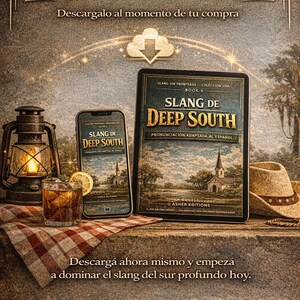 Puede incluir: Anuncio de "Slang de Deep South" en espa&ntilde;ol, mostrado en una tableta y un smartphone. La imagen incluye un vaso de t&eacute; helado, un sombrero de vaquero y una linterna. El texto dice "Descarga instant&aacute;nea" y "Descarg&aacute; ahora mismo y empez&aacute; a dominar el slang del sur profundo hoy."