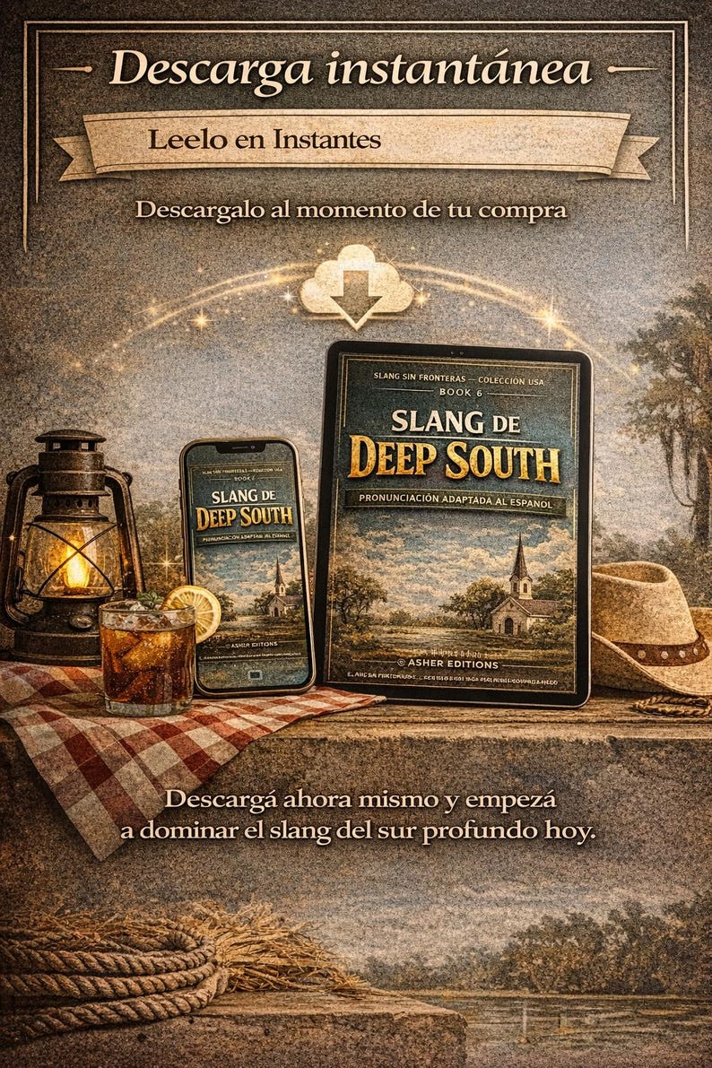 Puede incluir: Anuncio de "Slang de Deep South" en espa&ntilde;ol, mostrado en una tableta y un smartphone. La imagen incluye un vaso de t&eacute; helado, un sombrero de vaquero y una linterna. El texto dice "Descarga instant&aacute;nea" y "Descarg&aacute; ahora mismo y empez&aacute; a dominar el slang del sur profundo hoy."