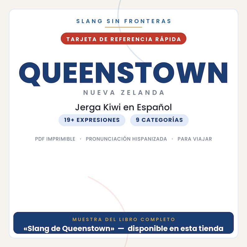 May include: A white digital reference card titled SLANG SIN FRONTERAS QUEENSTOWN NUEVA ZELANDA. It features text including Jerga Kiwi en Espa&ntilde;ol, 19+ EXPRESIONES, 9 CATEGOR&Iacute;AS, PDF IMPRIMIBLE, PRONUNCIACI&Oacute;N HISPANIZADA, PARA VIAJAR, and a bottom banner.