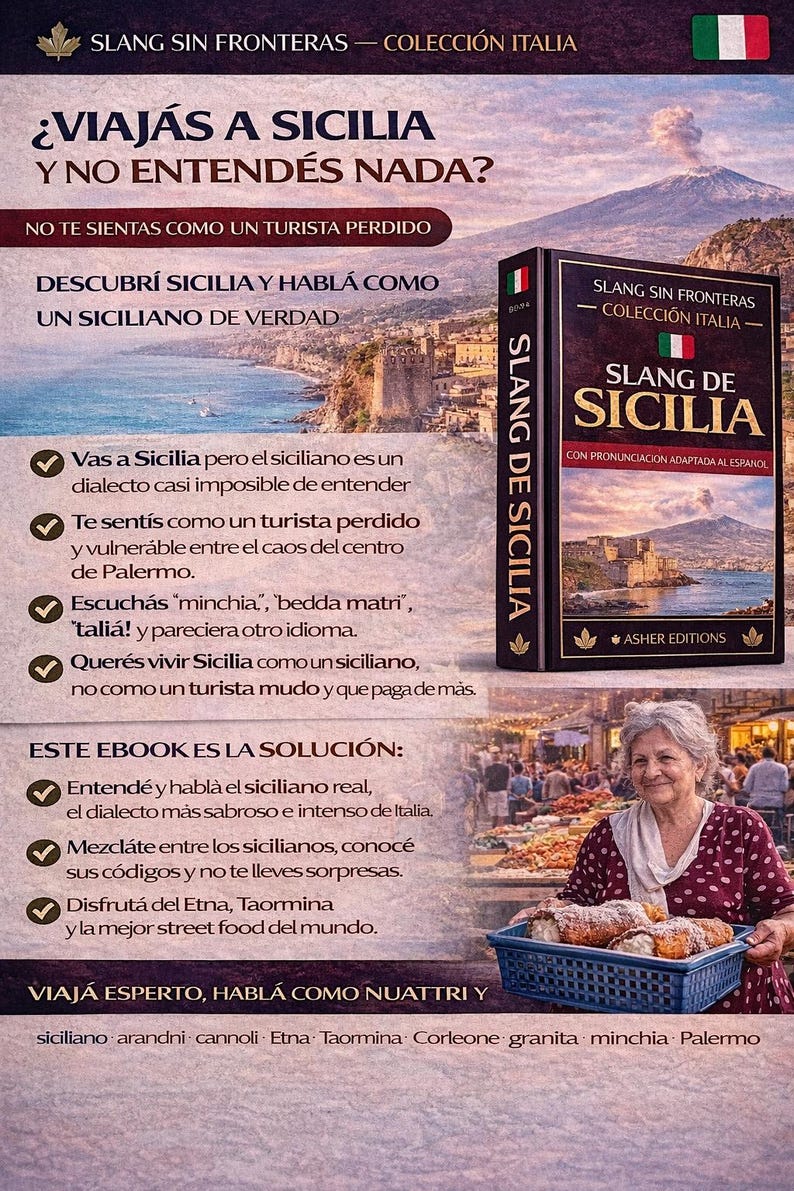 May include: An advertisement for "Slang de Sicilia," a book about Sicilian slang. The cover features the Italian flag and a picture of a volcano. The image includes text in Spanish, and a woman holding a basket of pastries.