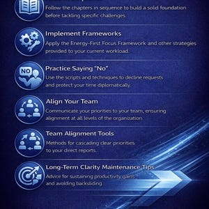 May include: A blue graphic with the title "HOW TO USE THIS eBook" and several bullet points with instructions. The instructions include reading in sequence, implementing frameworks, practicing saying "no", aligning your team, team alignment tools, and long-term clarity maintenance tips.