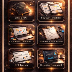 May include: An image showcasing digital marketing resources. It features an eBook, strategy templates, a content calendar, a platform audit checklist, a KPI tracker, and a reporting dashboard. Each item is displayed in a decorative frame with the text "What You'll Receive" at the top.