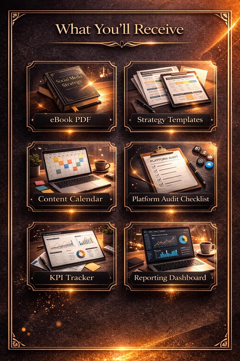 May include: An image showcasing digital marketing resources. It features an eBook, strategy templates, a content calendar, a platform audit checklist, a KPI tracker, and a reporting dashboard. Each item is displayed in a decorative frame with the text "What You'll Receive" at the top.